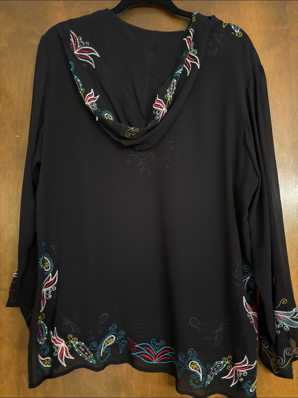 Chico's Black V-Neck Tunic with Multicolor Embroidery Hoodie Sheer Silk M/L - Picture 3 of 3